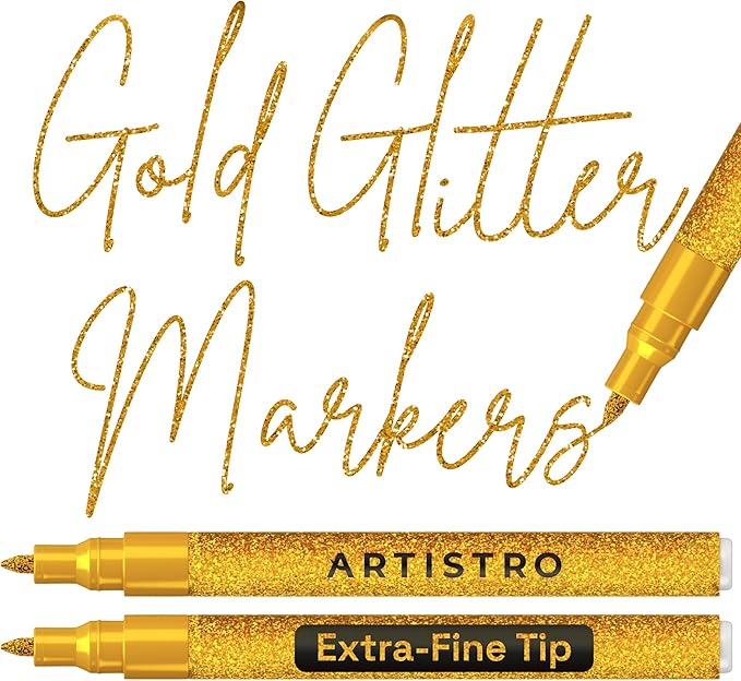 ARTISTRO 2 Glitter Gold Acrylic Paint Markers - 0.7mm Extra Fine-Tip Paint Pens - Perfect for Crafting, Art Projects, & More