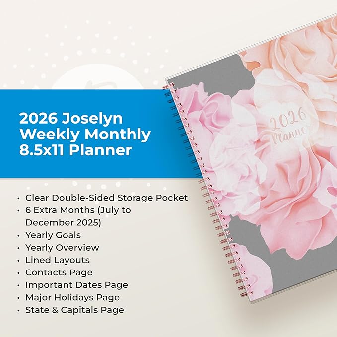 Blue Sky 2026 Weekly and Monthly Planner Calendar, January 2026 - December 2026, 8.5" x 11", Flexible Cover, Laminated Tabs, Durable Twin Wire Binding, Storage Pocket, Joselyn