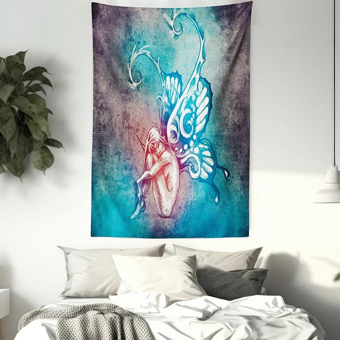 Ambesonne Butterfly Tapestry Queen Size, with Butterfly Wings Renewal Female Rebirth Psyche Lightness of Being, Wall Hanging Bedspread Bed Cover Wall Decor, 88" X 88", Blue Purple
