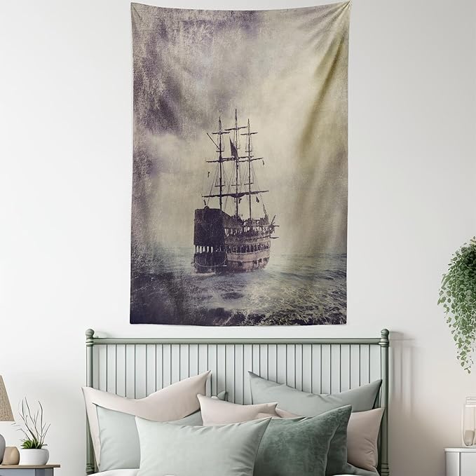 Ambesonne Nautical Tapestry, Old Pirate Ship in the Sea Historical Cruise Retro Voyage Grunge Style Art, Fabric Wall Hanging Decor for Bedroom Living Room Dorm, 23" X 28", Tan Plum