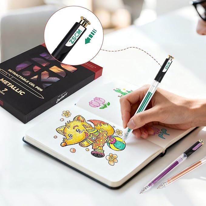 Retractable Metallic Gel Pens, 7 Colors Large Capacity Lustrous Metallic Gel Ink Pens for Adult Coloring, 1.0 mm Fine Point Smooth Writing Color Pen for Tech Design Note Taking Aesthetic Art Supplies