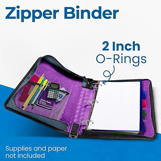 Case-it Classic Zipper Binder | 2-Inch O-Rings, 350 Sheet Capacity, Multiple Storage Pockets & Shoulder Strap | School & Office Organizer | D-251 Deep Purple | 6 Pack