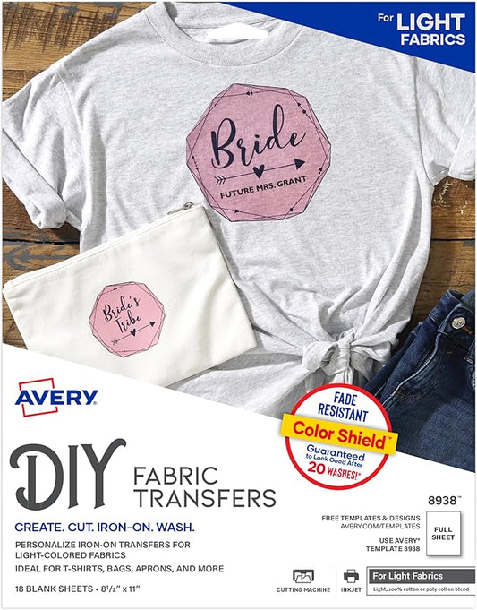 Avery Printable Heat Transfer Paper for Light Fabrics, 8.5" x 11", Inkjet Printer Compatible, 162 Sheets of Iron On Transfer Paper Total (9-Pack of 8938)