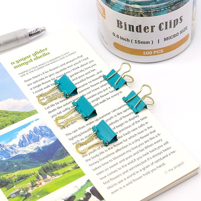 Binder Clips, Mini Paper Clip, Small Paper Clamps 15mm (5/8 inch), 100 Pack Micro Size Office Clips for Home School and Business (Blue-Green)