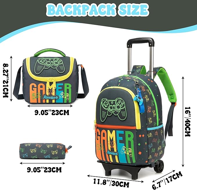 Rolling Backpack for Boys Backpack with Wheels for Kids Backpacks for Daycare with Lunch Box Pencil Case Roller Backpacks for Kids