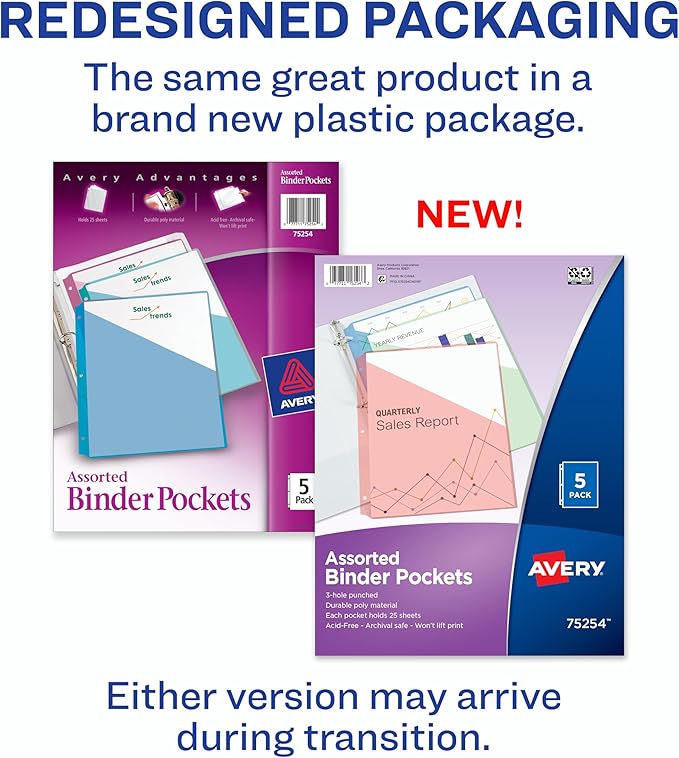 Avery Binder Pockets for 3 Ring Binders, Assorted Colors, Fits 8.5" x 11" Documents, Acid-Free and Archival-Safe, 5 Folders Total (75254)