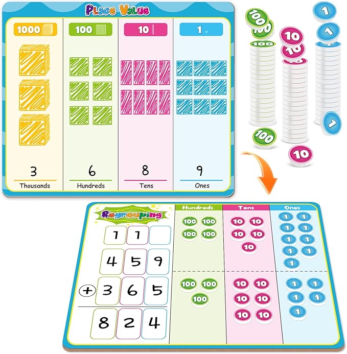 Magnetic Place Value Manipulatives Math Games for Kids Regrouping Base Ten Blocks, Addition and Subtraction Games Classroom Must Haves 1st 2nd 3rd Grade Homeschool Supplies Small Group