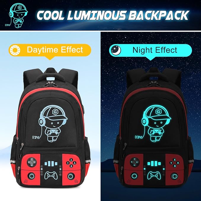Bevalsa Backpack for School Boys, Cool Luminous Gamer Boys Backpack with Lunch Box & Pencil Pouch Set for Kids Children Teens Elementary Middle Schools, Schoolbag Bookbag Glow In The Dark (Red)