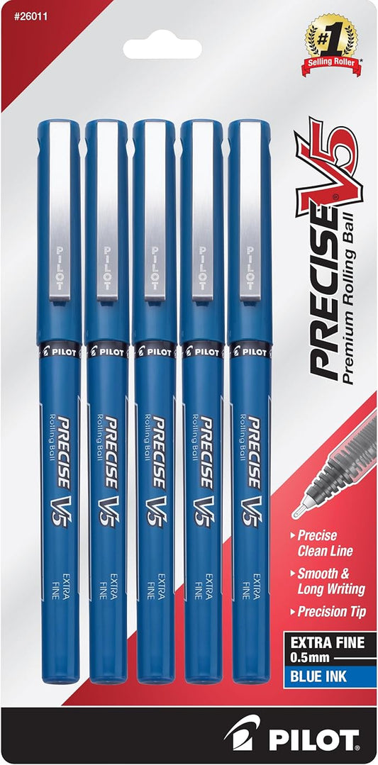 Pilot Precise V5 Rollerball Pens, Extra Fine Point 0.5 mm Blue Pens, Blue, Pack of 5 - Ideal for School, Journaling & Office Writing