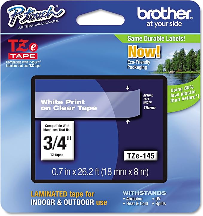 Brother P-Touch TZE145 - TZe Standard Adhesive Laminated Labeling Tape, 3/4w, White on Clear-BRTTZE145