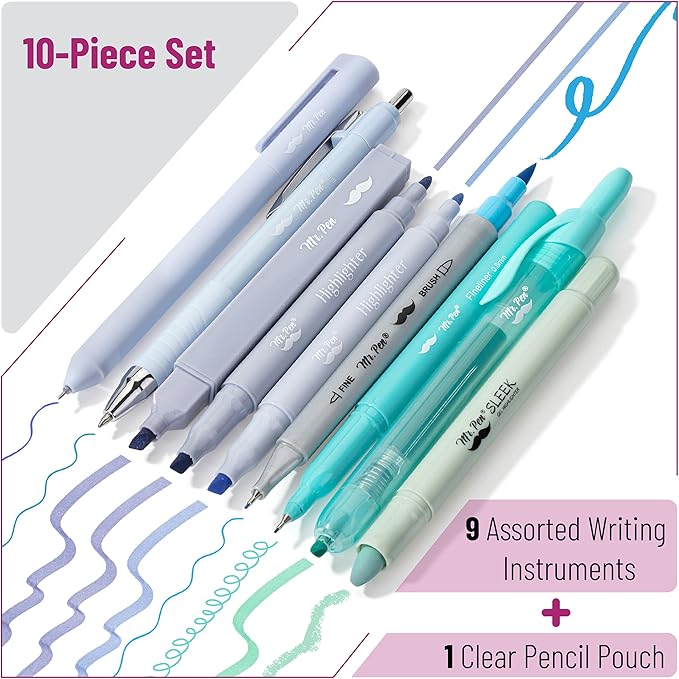 Mr. Pen- Journaling Kit, 10 Pack Blue Pens and Highlighters, Supplies Set, Markers, Bible Journaling