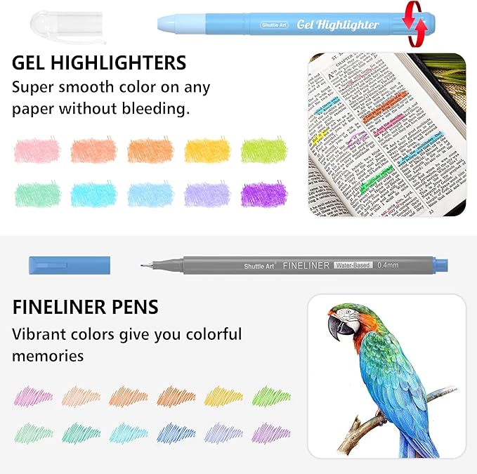 Shuttle Art Bible Highlighters and Pens No Bleed, 22 Pack Bible Journaling Kit, 10 Colors Gel Highlighters and 12 Colors Fineliner Pens with a storage bag, Bible Markers No Bleed Through