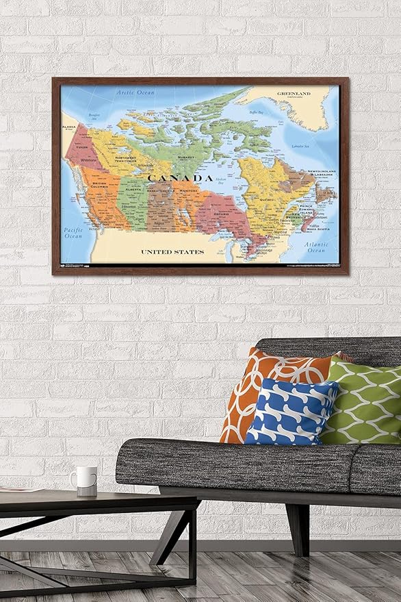 Map - Canada Wall Poster, 34L" x 22.4W", Mahogany Framed Version