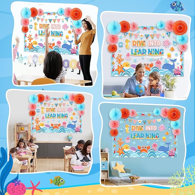 Eersida Spring Bulletin Board Decorations with Paper Fans St Patricks Day 3D Classroom Bulletin Board Christian Easter Flower Bunny Cutouts School VBS Library Church Window Wall Decor(Ocean)