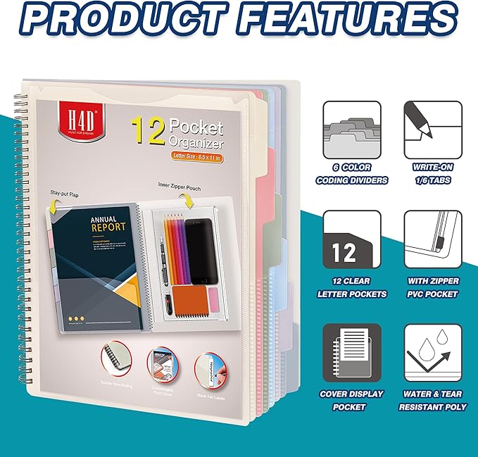 H4D 12 Pocket Morandi Color Spiral Multi Pocket Folder Poly Project Organizer