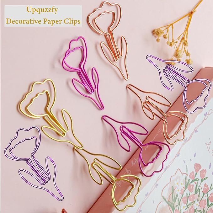 24 Pcs Metal Paper Clips Set - Multicolored Rose-Shaped Cute Paperclips for School and Office File Organization, Suitable for Party and Wedding Decor
