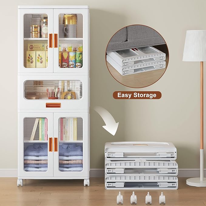 VECELO 226QT Stackable Storage Bins with Lids, Large Storage Cabinet with Drawer and Doors, Movable Wheels, Adjustable Shelves, Anti-Tip, for Living Room, Bedroom, Kitchen, White