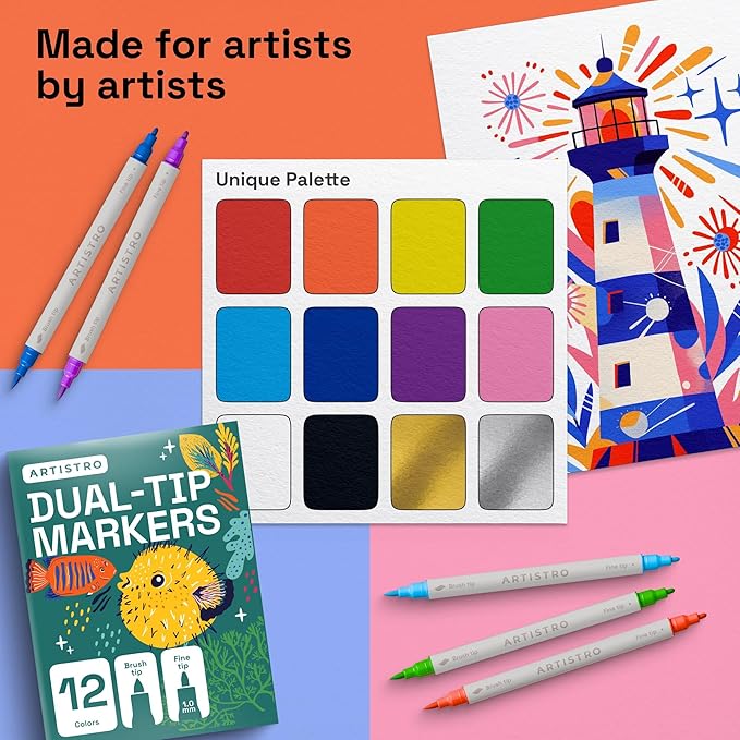 ARTISTRO 12 Acrylic Paint Markers - Paint Pens for Calligraphy, Brush + Fine Tips - For Fabric, Rock, Glass, Wood, DIY, Craft, Canvas - Art and Craft Supplies for Adults, Teens, Kids