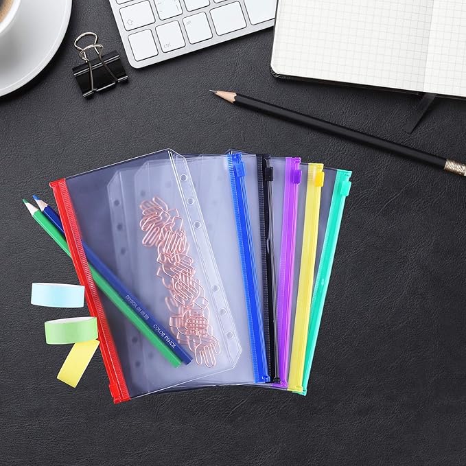 Antner 12PCS A6 Binder Pockets 6-Hole Budget Cash Envelopes Multicolor Zipper Money Organizer for Cash Stuffing, Waterproof PVC A6 Planner Inserts Binder Pouches Loose Leaf Document Storage Bags