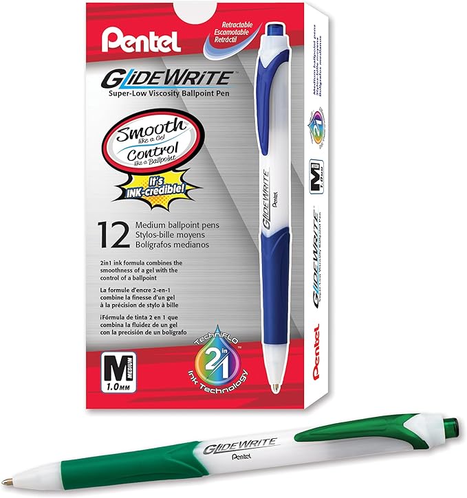 Pentel GlideWrite Ballpoint Pen with TechniFlo Ink, (1.0mm) Medium Line, Green, Box of 12 (BX910-D)