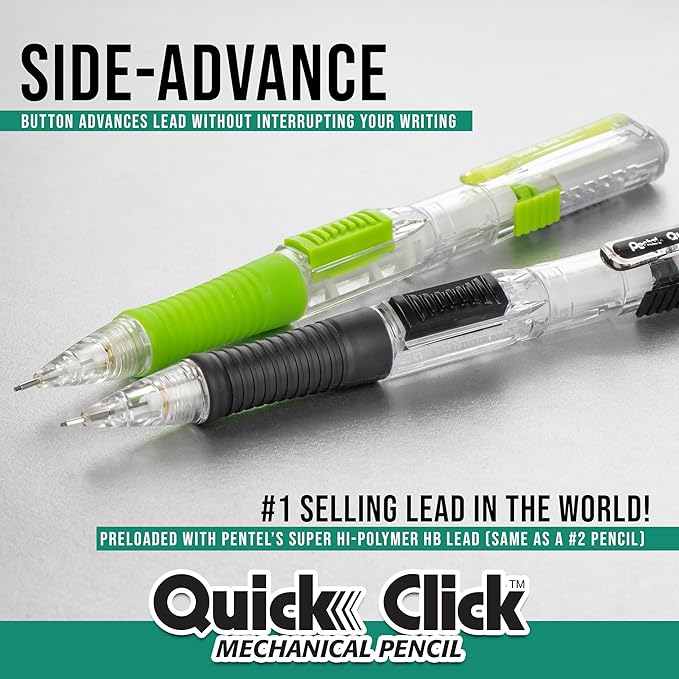 Pentel Quick Click Mechanical Pencil, (0.5mm), Includes Refill Lead and Erasers, Pack of 8 Pencils (PD215LEBP8)