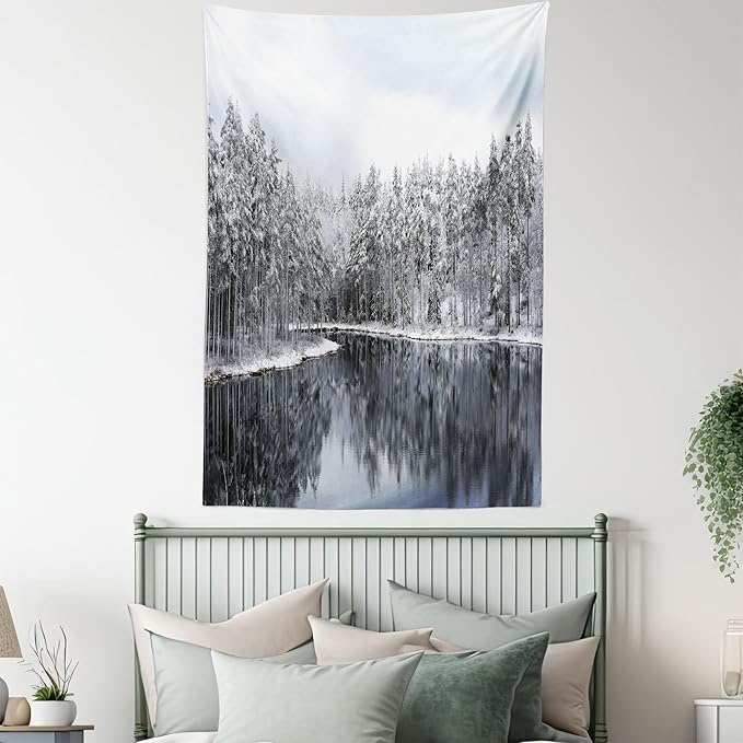 Ambesonne Woodland Tapestry Queen Size, Lake Surrounded by Snow Covered Trees on a Cold Winter Day in Finland Reflections, Wall Hanging Bedspread Bed Cover Wall Decor, 88" X 88", White Brown