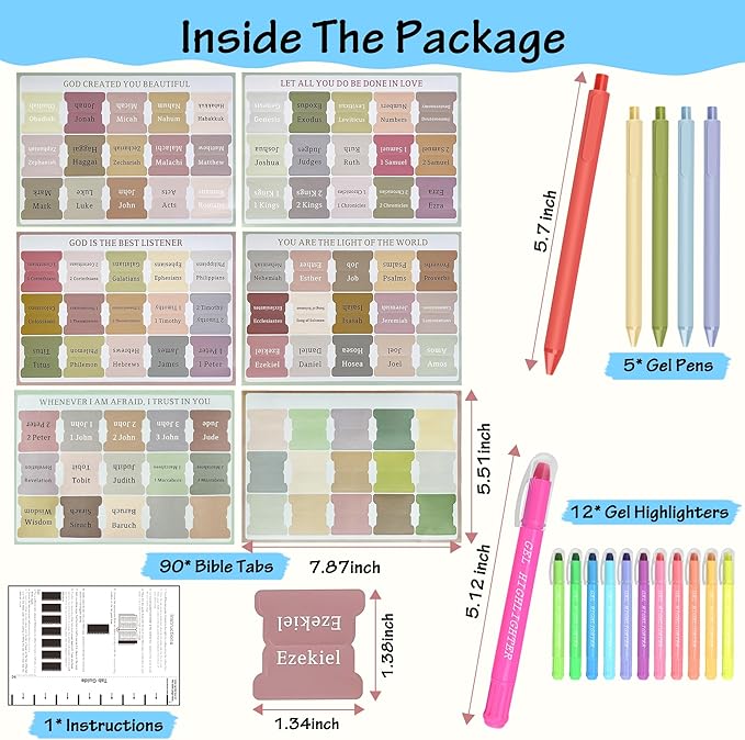 12 Bright No Bleed Bible Gel Highlighters & 5 Pens with 90 Laminated Bible Tabs, Aesthetic Bible Journaling Kit School Supplies for Women & Men(73 Pre-Printed & 17 Blank Tabs)