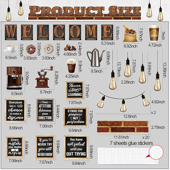 Qilery Coffee Motivational Bulletin Board Set Industrial Inspirational Welcome Classroom Decoration Positive Bulletin Board Cutout Classroom Decoration for Back to School Educational Material