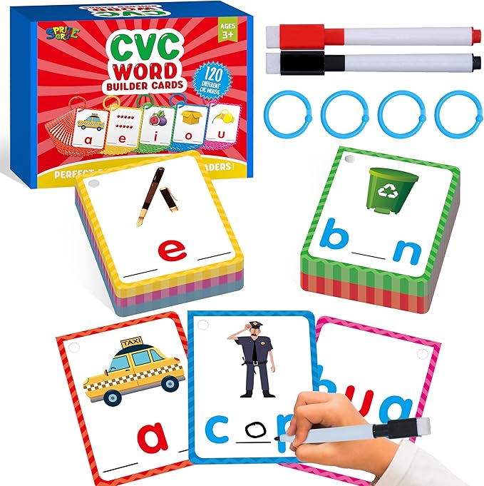 CVC Word Writing Cards, 120 Double Sided Handwriting Cards Short Vowel Spelling Flashcards CVC Sight Words Early Educational Tool for Kids 3 4 5 Years Old (Plus 2 Markers & 3 Reclosable Plastic Rings)