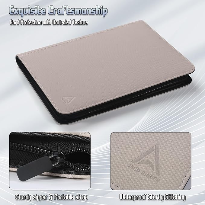 9 Pocket Card Binder - 540 Capacity with Zip Closure Premium, Double-Sided,Sturdy & Sleek PU Leather Protector for MTG, TCG, Sport & Collectible Cards (Beige)