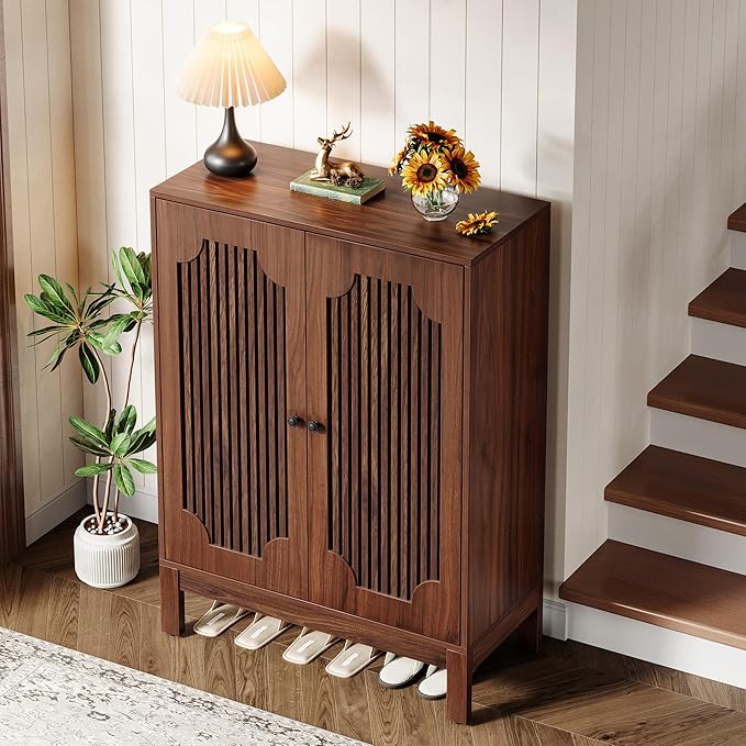 Tribesigns Shoe Cabinet with Doors, 5-Tier Shoe Storage Cabinet with Adjustable Shelves, 20 Pairs Wooden Shoe Rack Organizer, Tall Narrow Shoe Cabinet for Entryway, Hallway, Living Room, Walnut