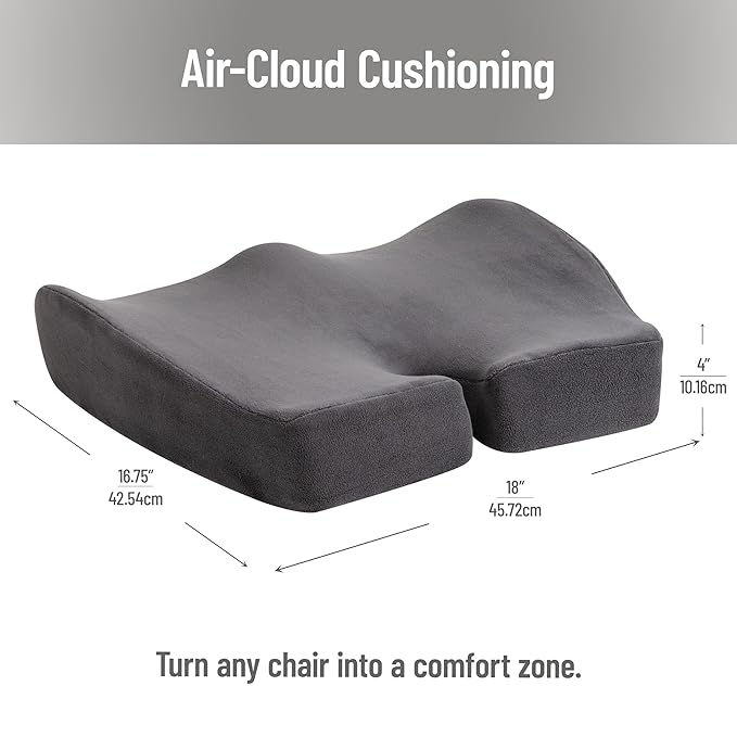 Mind Reader Air-Cloud Memory Foam Seat Cushion, Ergonomic Support for Lower Back, Coccyx, and Hip Pain Relief, Promotes Better Posture, Washable Cover, Gray