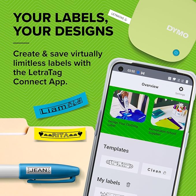 DYMO LetraTag 200B Bluetooth Label Maker, Compact Label Printer, Connects Through Bluetooth Wireless Technology to iOS and Android, Includes 1 White Paper Label Tape, Pistachio Yellow