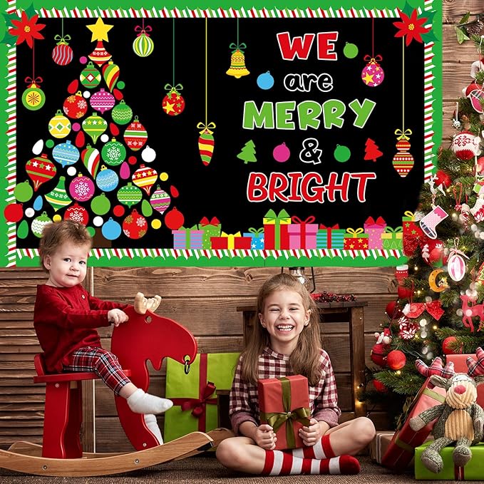 Christmas Religious Bulletin Board Decorations Set Xmas Tree with Hanging Ornaments Gift Boxes We are Merry and Bright Cutouts for Classroom Winter Holiday School Home Wall Party Decor Supplies
