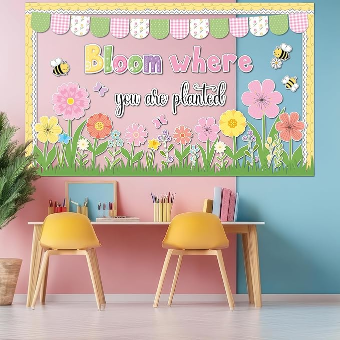 Spring Bulletin Board Set Colorful Flower Cutouts Flower Classroom Decoration Bloom Where You are Planted Bulletin Board Spring Floral Cut Out for School Classroom Office Home Chalkboard Wall Decor