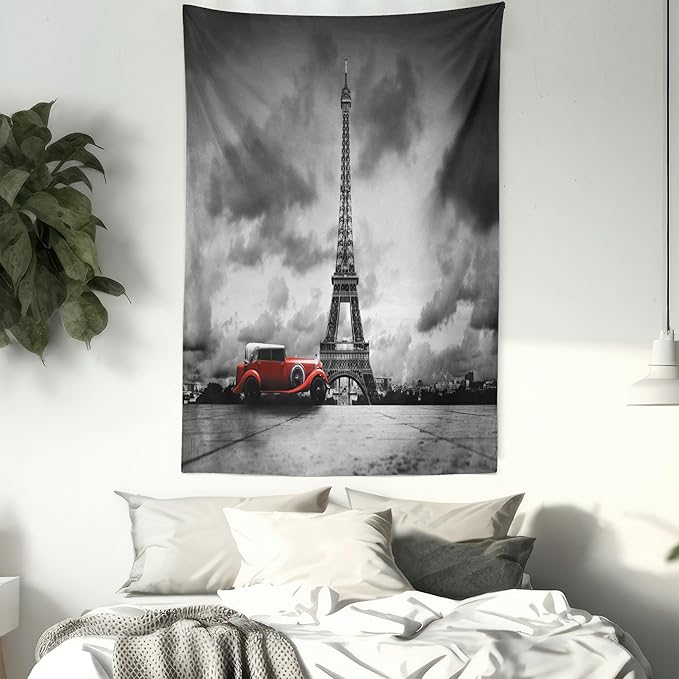 Ambesonne Eiffel Tower Tapestry Twin Size, Image of Eiffel Tower Paris France Vintage Car Street Dark Clouds, Wall Hanging Bedspread Bed Cover Wall Decor, 68" X 88", Black Red