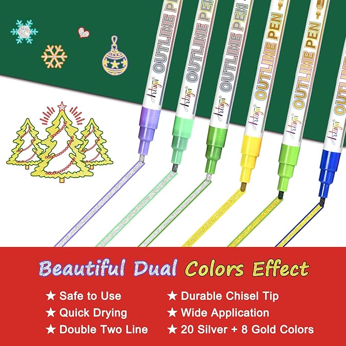 Glitter Markers Outline Pens, Tween Teen Girl Gifts Trendy Stuff, 28 Pack Gold and Silver Shimmer Metallic Marker Arts Supplies for Kids Ages 6 to 8, 9-12 Birthday Gifts for Cute Cool Fun Crafts Girls