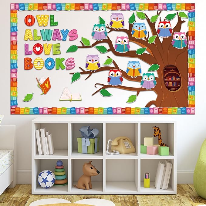 Pasimy Reading Bulletin Board Decorations Fall Classroom Decor Library Bulletin Board Set Owl Paper Cutouts Colorful Book Border Trim for Autumn Halloween Back to School Home Office Wall Door Supplies