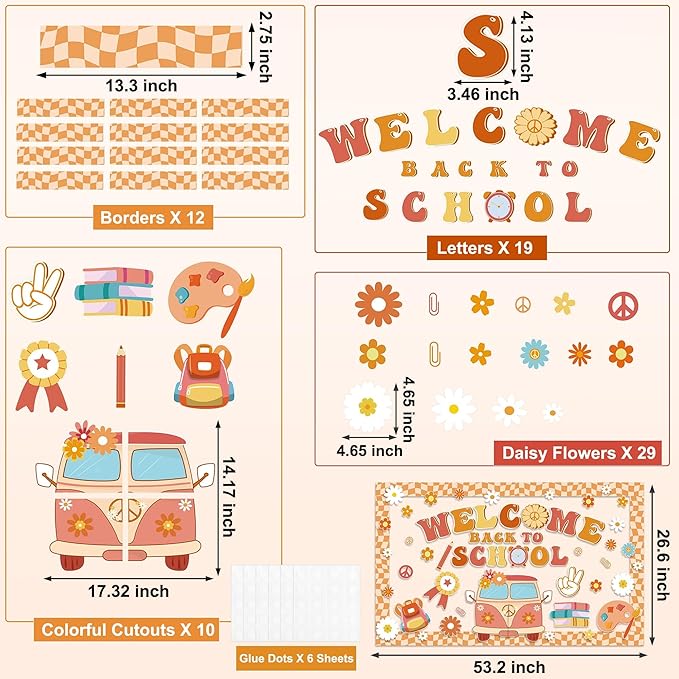 Aneco Retro Boho Welcome Back to School Bulletin Board Decorations Groovy Classroom Decoration Cutouts Motivational Pencil Bus Schoolbag Paper Cutouts for Kindergarten Preschool Wall Door Decor