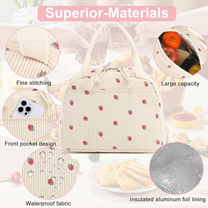 LEDAOU Lunch Box for Women Insulated Lunch Bag Corduroy Lunch Tote Bags Leakproof Cooler Lunchbox for Travel Work Picnic