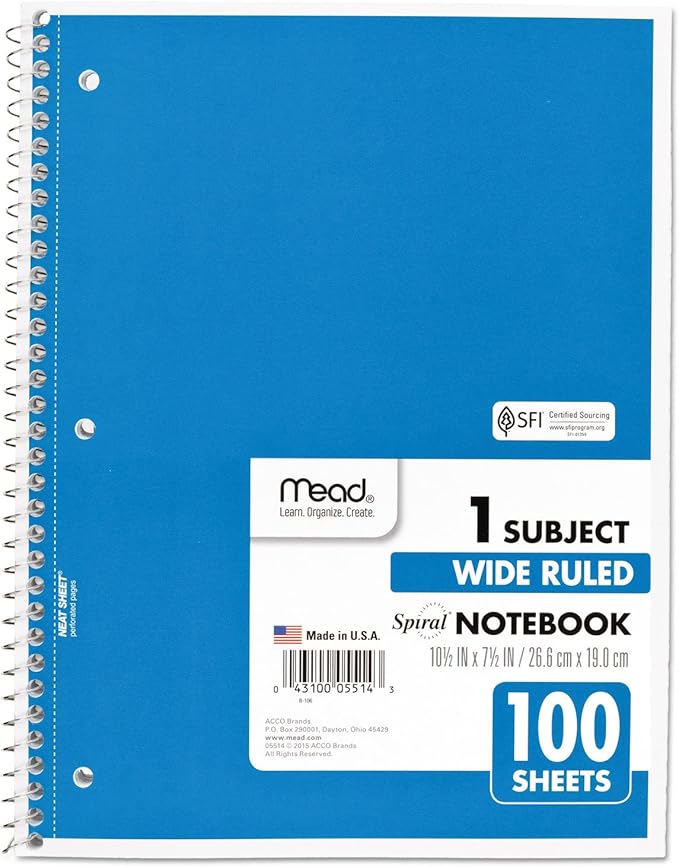 Mead Spiral Notebook, 1 Subject, Wide Ruled Paper, 100 Sheets, 10-1/2" x 8", Color Selected For You, 1 Count (05514)