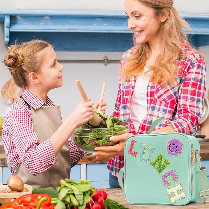 Insulated Lunch Bag Women Lunch Box Kids for Teen Girls Boys, Cute Preppy Lunch Boxes With Adjustable Shoulder Strap, Waterproof Nylon Lunchbox Lunch Bags for School Work Picnic (Green)