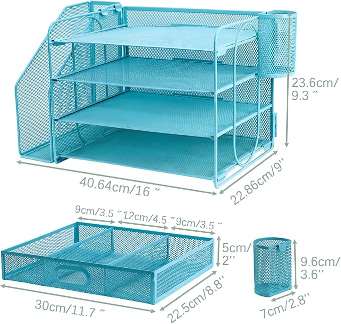 4 Tier Desk File Organiser with Extra Vertical File Sorter, Paper Letter Tray with Top Stationery Drawer Holder, A4 Paper Desktop Filing Trays, Magazine Document Holder for Home Office, Sky Blue