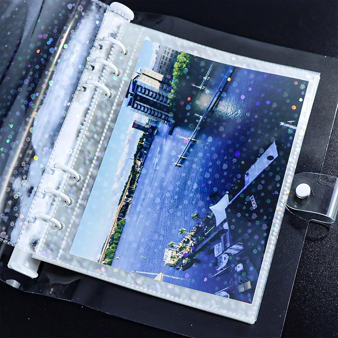 A5 Photocard Sleeves 20pcs Flower Flashing Clear Sheet Protectors 5.2'' x 7.5'' 1 Pocket Picture Card Insets PP Photo Album Refill Pages for 6 Ring Binder (Flower Flashing, A5-1Pocket)
