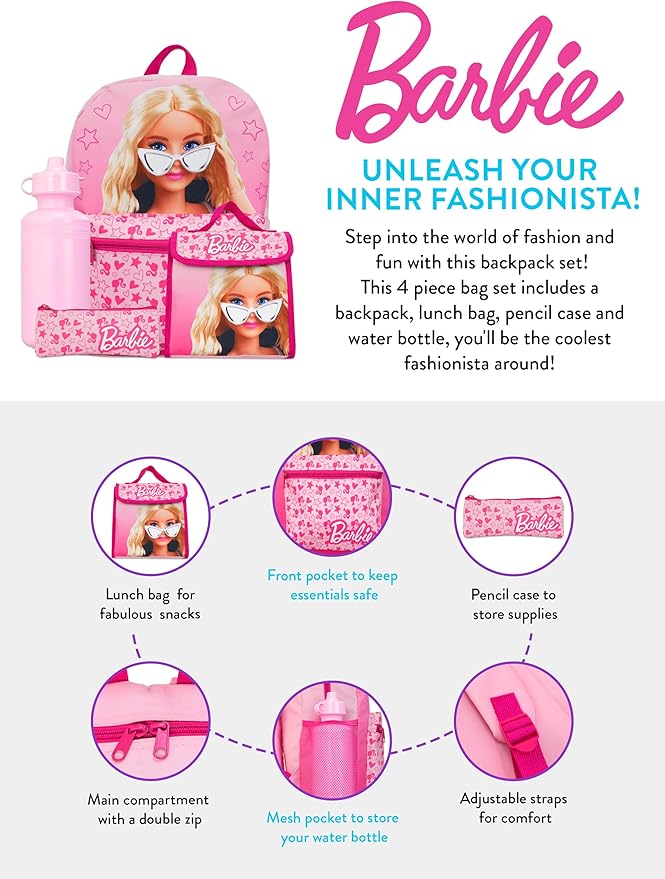 Barbie Backpack 4 Piece Set | Girls School Bag Set | Girls Backpack Lunch Bag Water Bottle and Pencil Case | One Size Pink