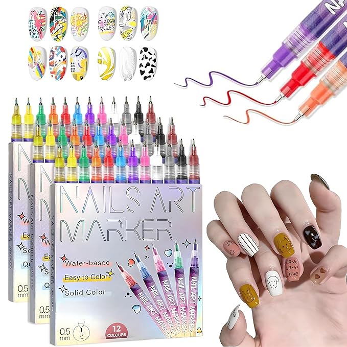 12 Colors Nails Art Pens Set,Nails Art Markers for Gel Nails,Fine Tip Nails Art Pen 0.5mm,Drawing Painting Liner Brush for DIY Nails Art Drawing Painting Tools (C-3 Sets)