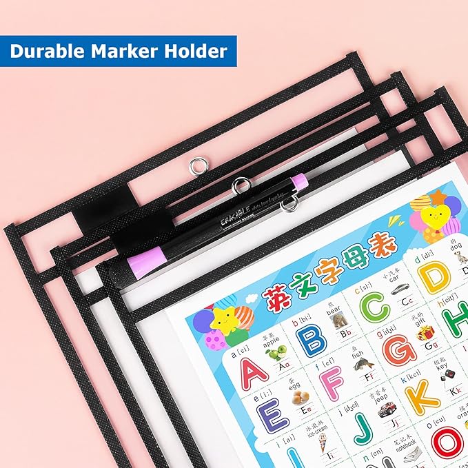 Tamaki 8 Pack Dry Erase Pockets Sleeves with Rings, 10 x 14 Inch Ticket Holders Clear Plastic Sheet Protectors for Teacher Classroom Supplies, Black