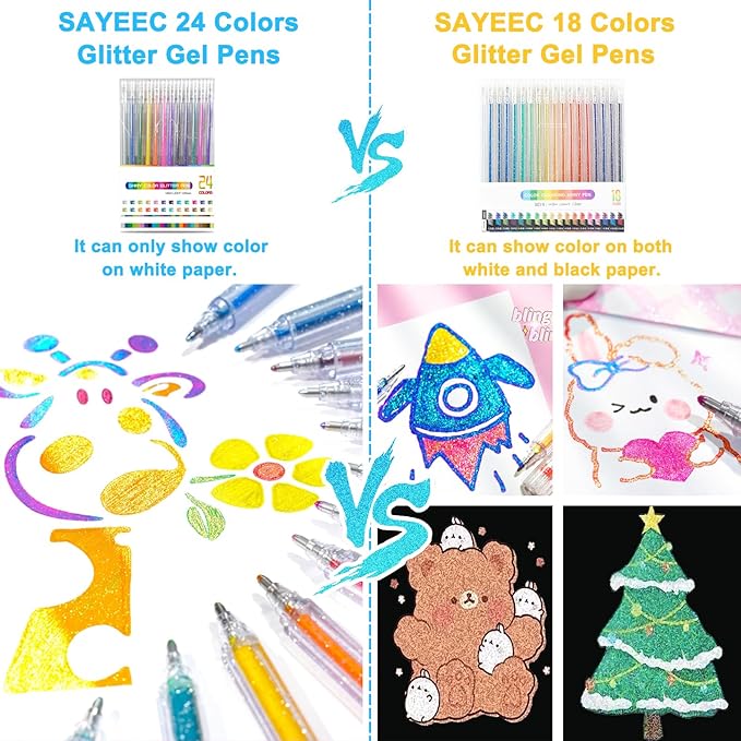 SAYEEC Glitter Gel Pens, 24 Colored Metallic Gel Pens Set, 1.0mm Super Sparkle Gel Ink Pens, Art Glitter Paint Markers for Adult Coloring Books Scrapbook Journaling Drawing Doodling Note Taking Crafts