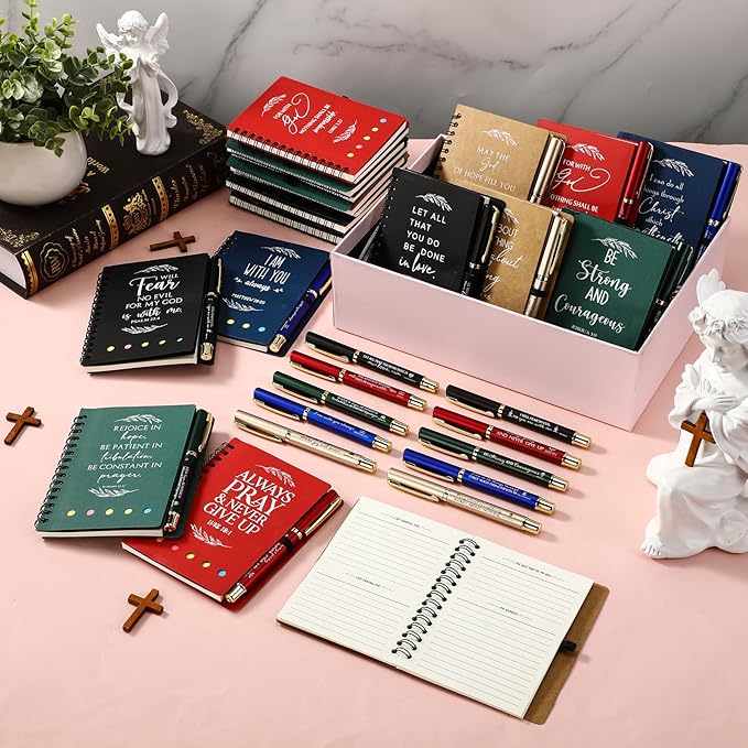 Spakon 50 Set Christian Gifts Bulk Easter Mother's Day Church Sticky Note Spiral Notebook Bible Verse Ballpoint Pen Prayer Journal Religious Scripture Notepad Sunday School Teacher Party Favors
