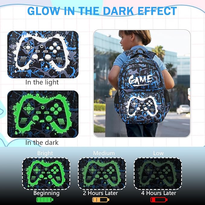 Boys Backpack with Lunch Box Glow in Dark Gamer Bookbag Kids Ages 4-12 Kindergarten Elementary Middle School Gaming Backpack, Gamer Blue
